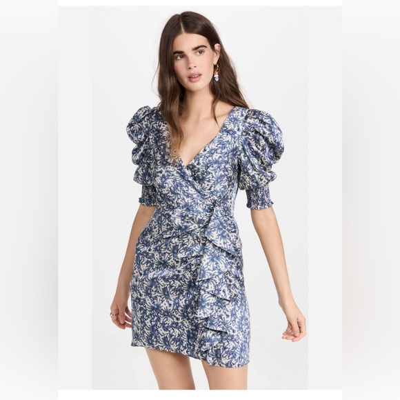 cinq a sept Dresses & Skirts - cinq a sept Blue Floral Puff-Sleeve Midi Dress